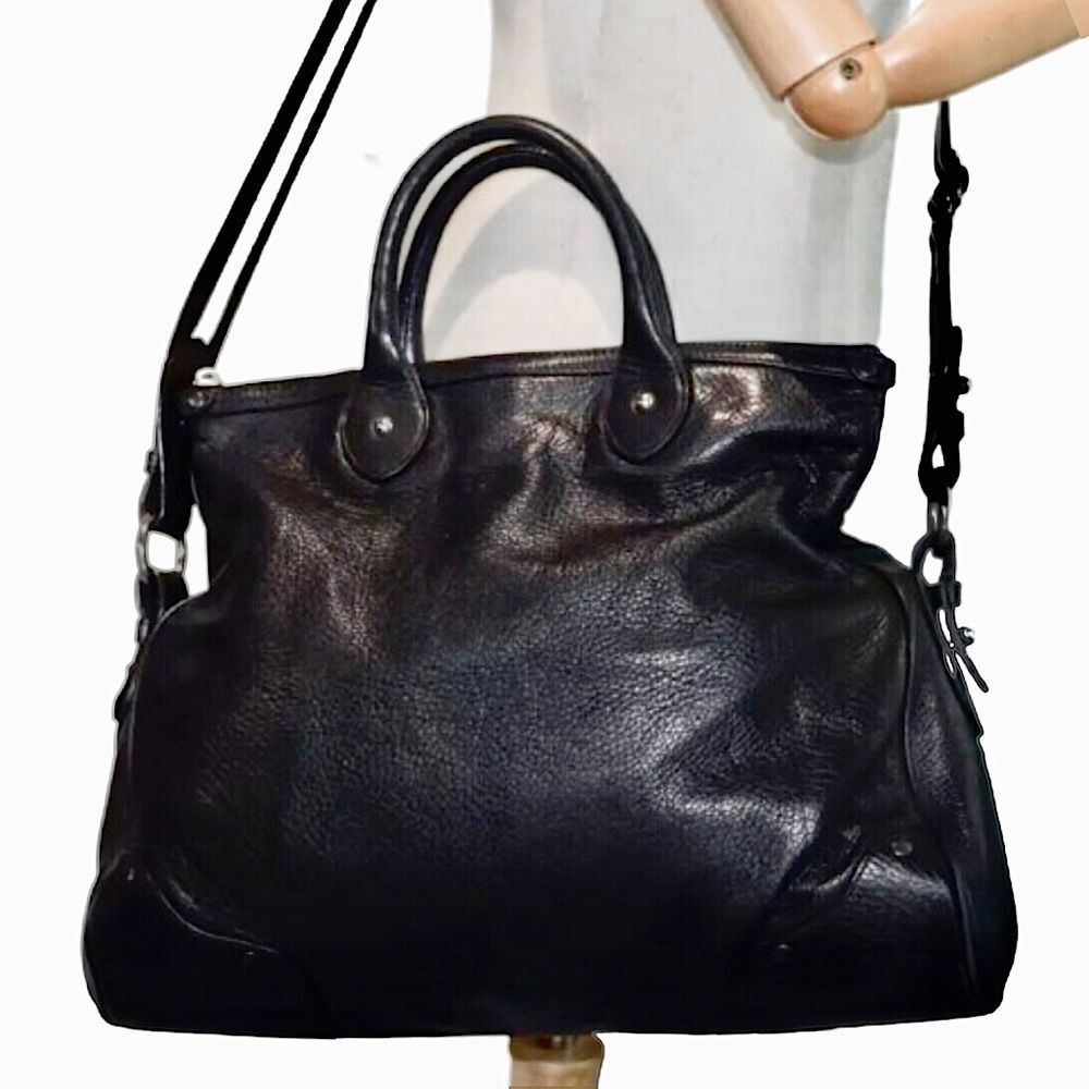 BALLY Black Leather Trainspotting Work Bag Black Striped Adjust Shoulder Strap